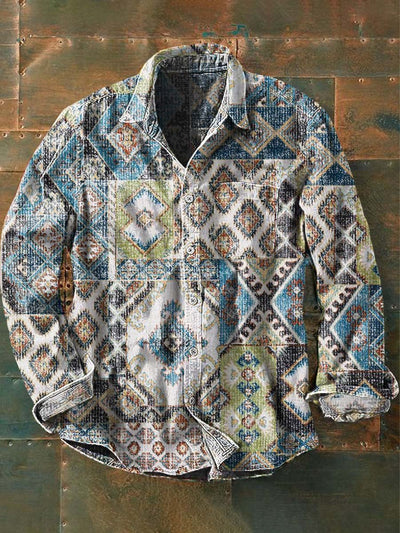 Men's Western Printed Casual Long Sleeve Lapel Shirt