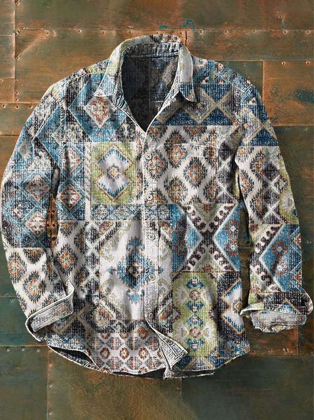 Men's Western Printed Casual Long Sleeve Lapel Shirt
