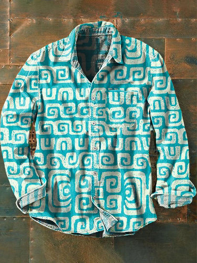 Men's Retro Ethnic Printed Casual Long Sleeve Lapel Shirt