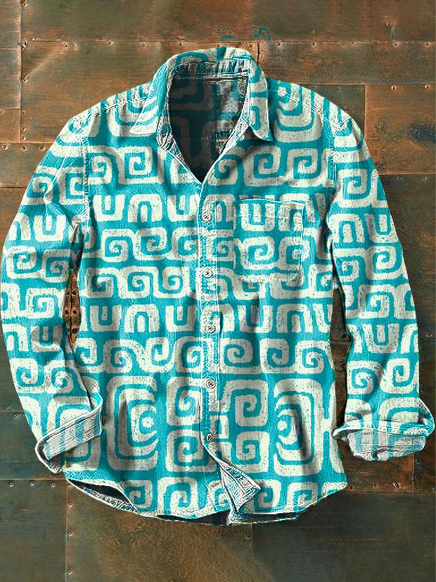 Men's Retro Ethnic Printed Casual Long Sleeve Lapel Shirt
