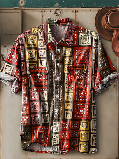 Men's Vintage Colorful Irregular Geometric Pattern Short Sleeve Pocket Shirt