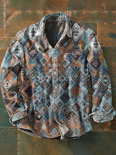 Men's Western Printed Casual Long Sleeve Lapel Shirt