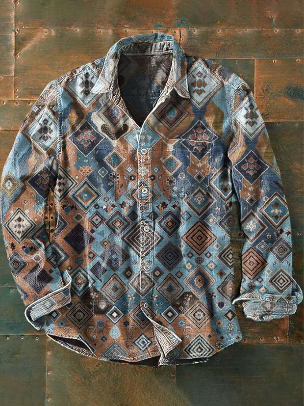 Men's Western Printed Casual Long Sleeve Lapel Shirt