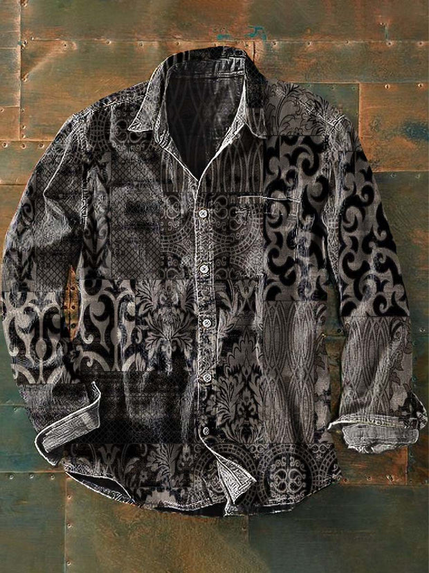 Men's Retro Ethnic Printed Casual Long Sleeve Lapel Shirt
