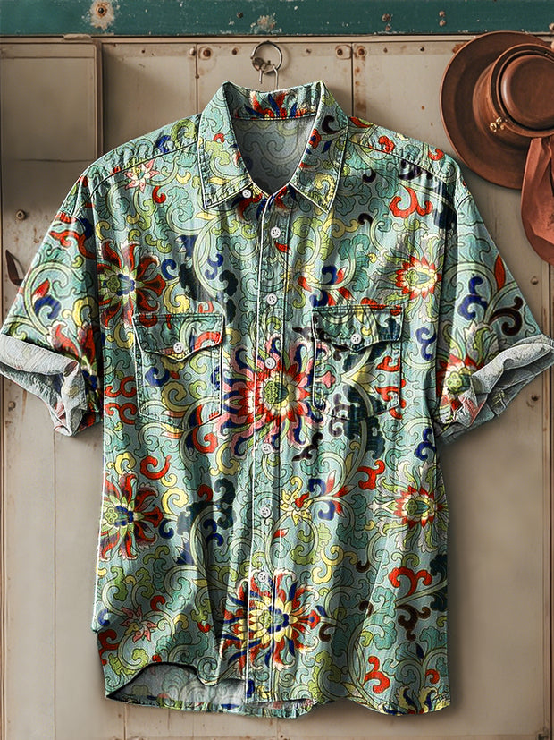 Men's Vintage Ethnic Floral Pattern Short Sleeve Pocket Shirt
