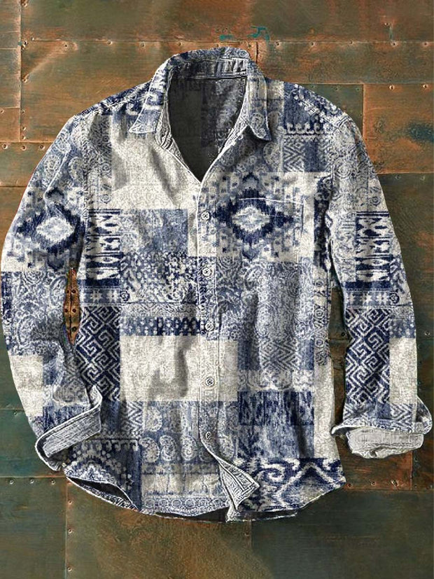 Men's Western Printed Casual Long Sleeve Lapel Shirt