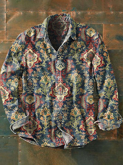 Men's Retro Floral Print Casual Long Sleeve Lapel Shirt