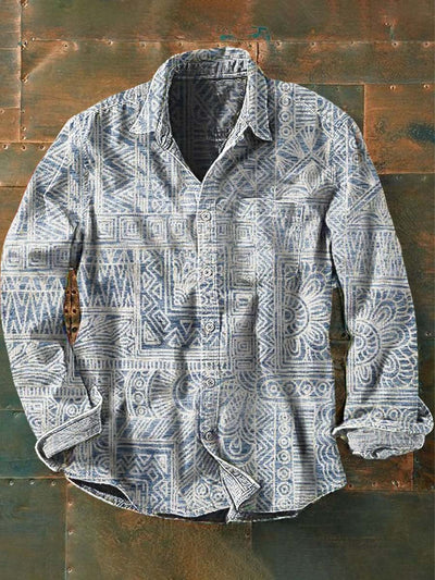 Men's Vintage Western Pattern Print Casual Long Sleeve Lapel Shirt