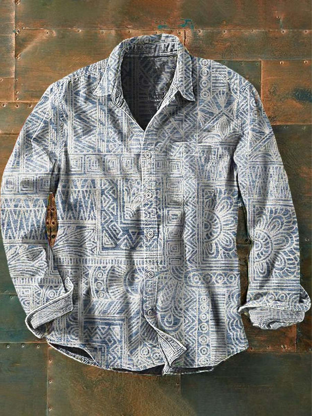 Men's Vintage Western Pattern Print Casual Long Sleeve Lapel Shirt