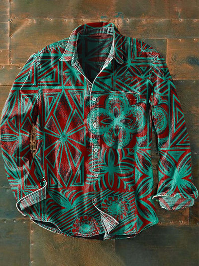 Men's Retro Ethnic Printed Casual Long Sleeve Lapel Shirt