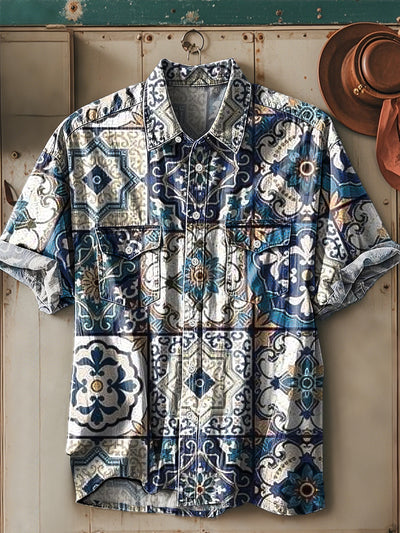 Men's Vintage Geometric Mandala Floral Pattern Short Sleeve Pocket Shirt