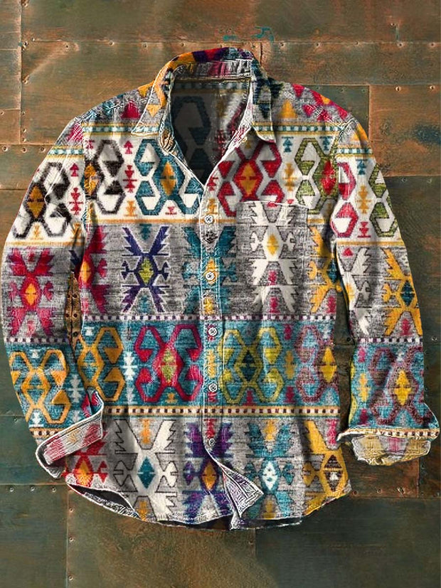Men's Vintage Western Style Pattern Printed Casual Lapel Long Sleeve Shirt