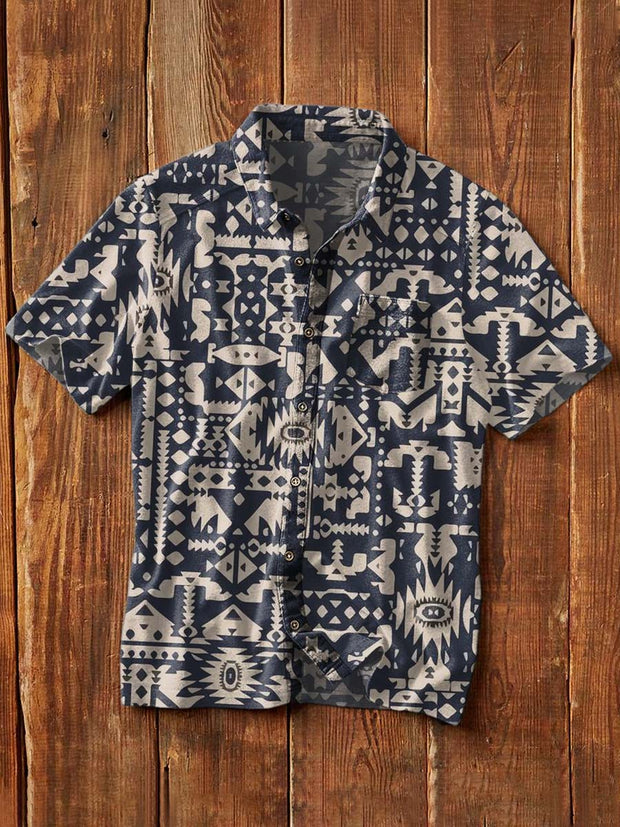 Men's Western Print Casual Lapel Short Sleeve Shirt