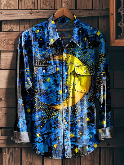Men's Vintage Star Moon Pattern Long Sleeve Workwear Pocket Shirt