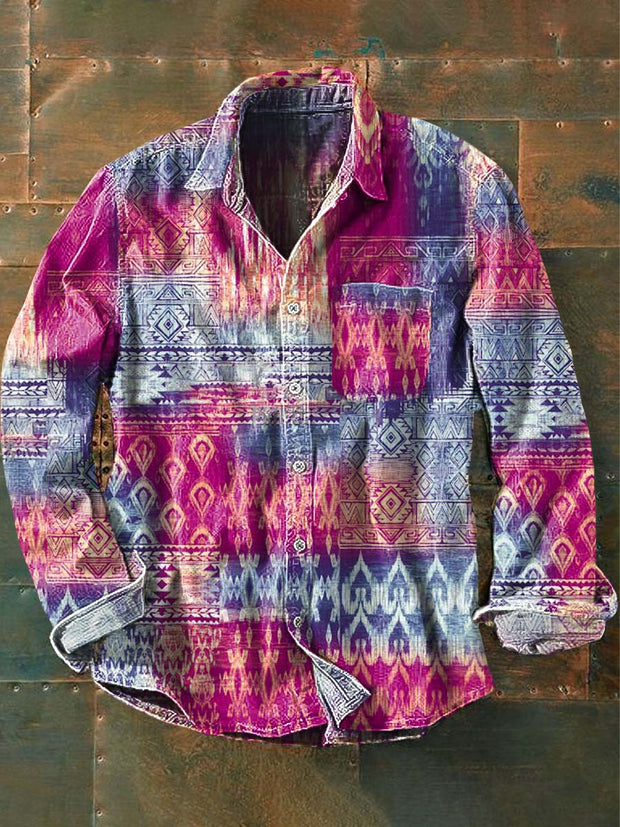 Men's Vintage Western Style Pattern Printed Casual Lapel Long Sleeve Shirt