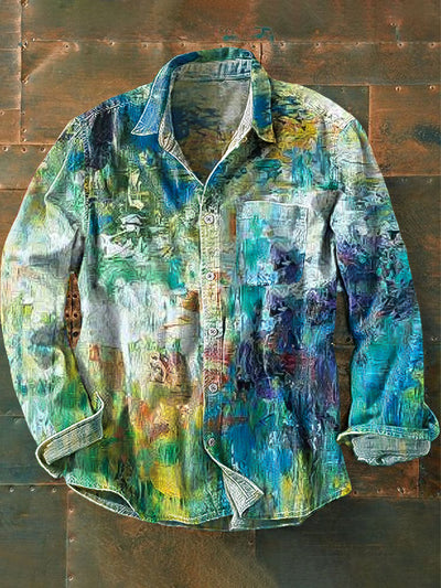Men's Vintage Colorful Abstract Ink Art Print Long Sleeve Pocket Shirt
