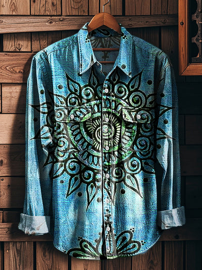 Men's Vintage Western Style Totem Pattern Long Sleeve Workwear Pocket Shirt