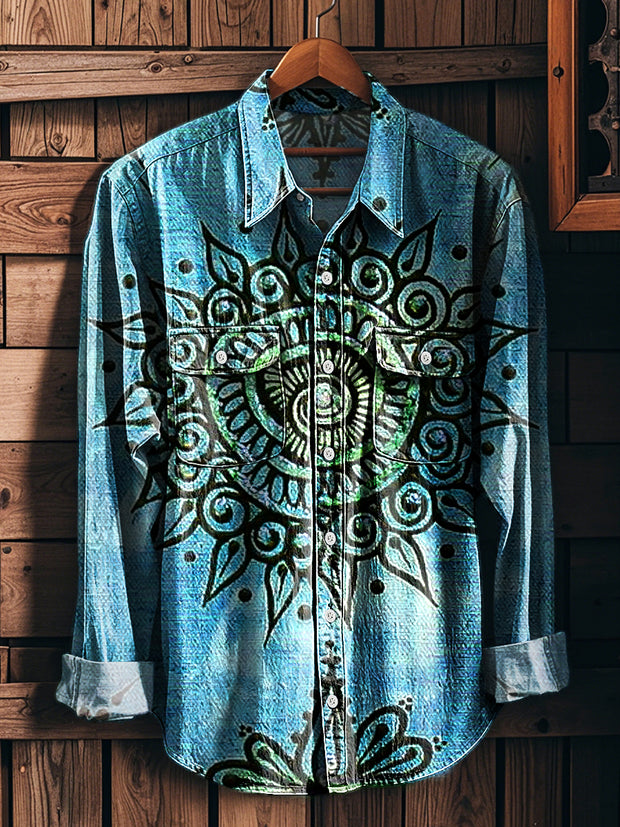 Men's Vintage Western Style Totem Pattern Long Sleeve Workwear Pocket Shirt