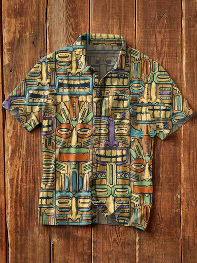 Men's Tribal Ethnic Print Casual Lapel Short Sleeve Shirt