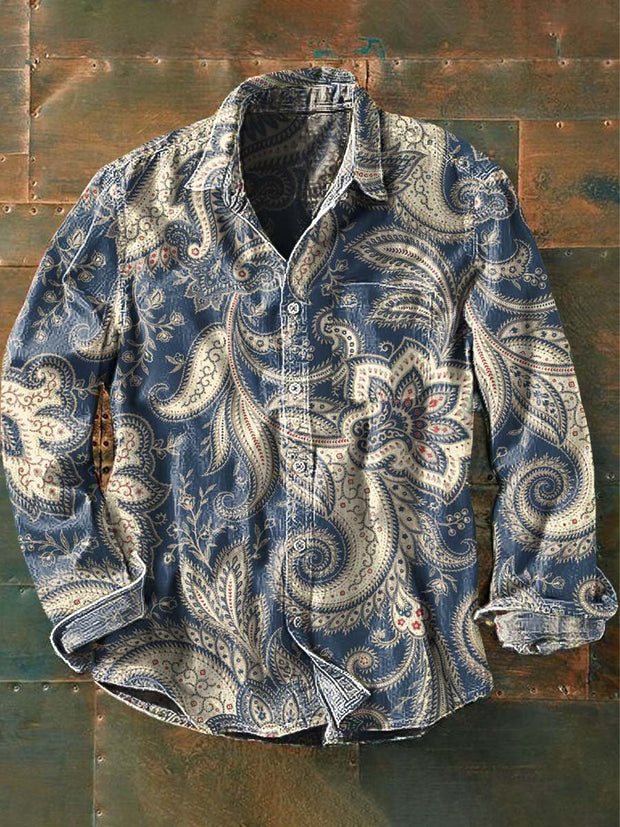 Men's Vintage Paisley Print Casual Lapel Long Sleeve Shirt