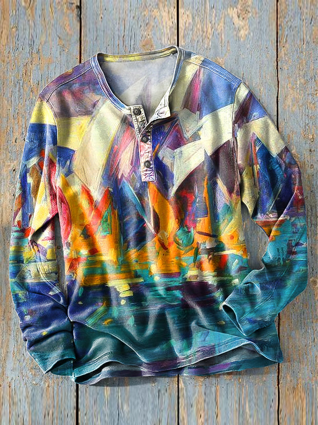Men's Vintage Colorful Abstract Sailboat Oil Painting Art Print Long Sleeve Henley Shirt