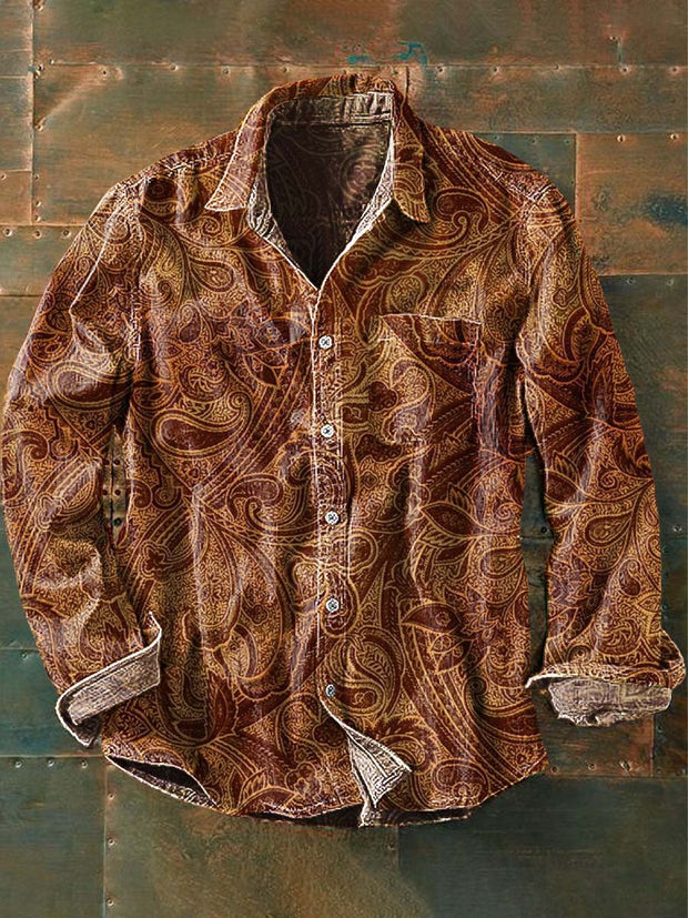 Men's Vintage Paisley Print Casual Lapel Long Sleeve Shirt