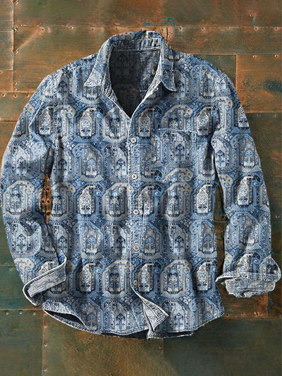 Men's Vintage Tribal Ethnic Print Casual Lapel Long Sleeve Shirt