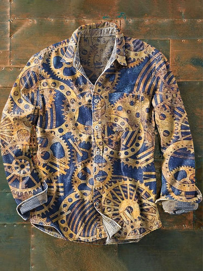 Men's Vintage Gear Art Print Long Sleeve Pocket Shirt