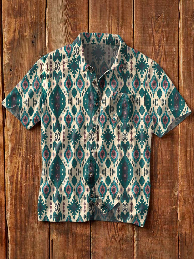 Men's Western Print Casual Lapel Short Sleeve Shirt