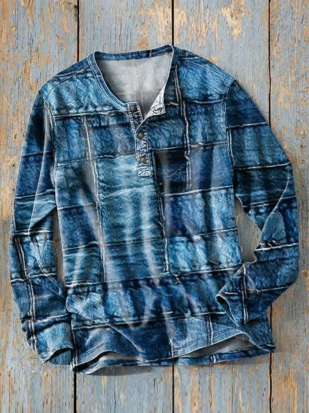 Men's Vintage Denim Color Plaid Art Print Long Sleeve Henley Shirt