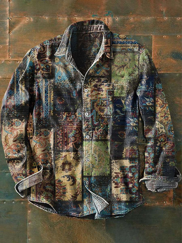 Men's Vintage Tribal Ethnic Print Casual Lapel Long Sleeve Shirt