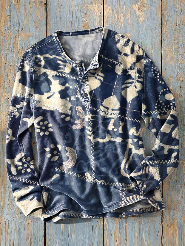 Men's Vintage Ethnic Abstract Art Print Long Sleeve Henley Shirt