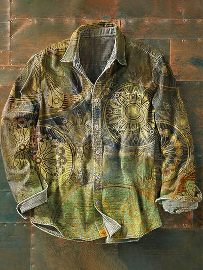 Men's Vintage Gradient Mandala Art Print Long Sleeve Pocket Shirt