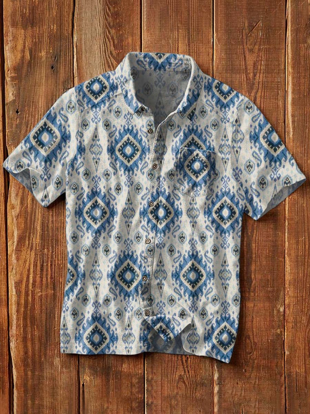 Men's Western Print Casual Lapel Short Sleeve Shirt