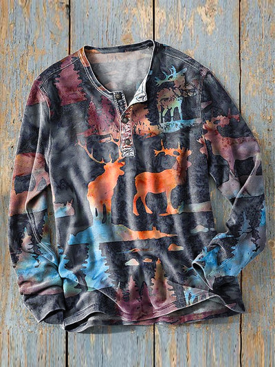Men's Vintage Western Ranch Cattle Art Print Long Sleeve Henley Shirt