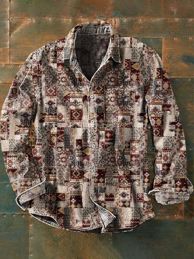 Men's Vintage Western Pattern Print Casual Lapel Long Sleeve Shirt