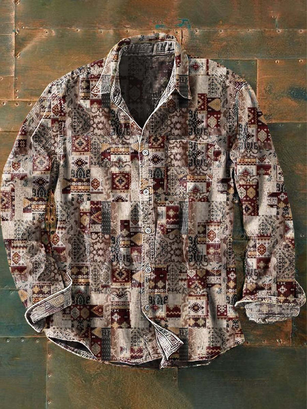 Men's Vintage Western Pattern Print Casual Lapel Long Sleeve Shirt
