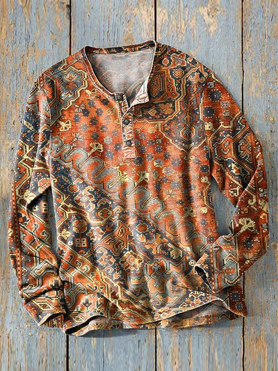 Men's Vintage Ethnic Geometric Art Print Long Sleeve Henley Shirt