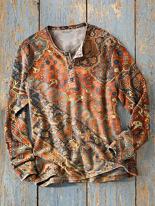 Men's Vintage Ethnic Geometric Art Print Long Sleeve Henley Shirt