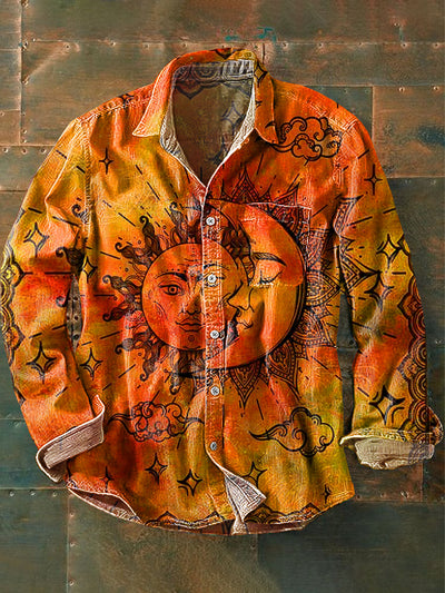 Men's Vintage Warm Sun & Moon Art Print Long Sleeve Pocket Shirt