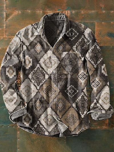 Men's Vintage Western Style Pattern Printed Casual Lapel Long Sleeve Shirt