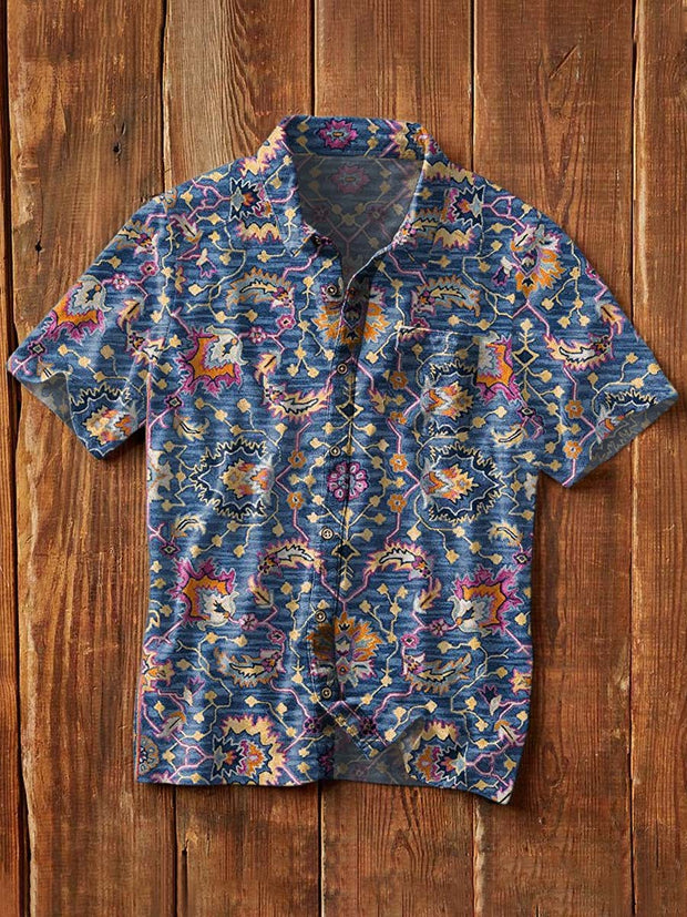 Men's Vintage Western Print Casual Lapel Short Sleeve Shirt
