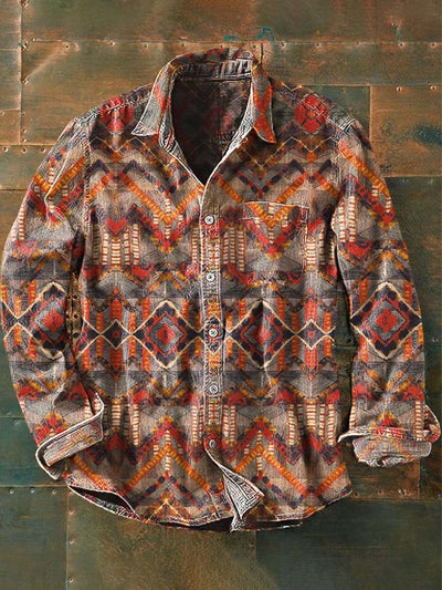 Men's Vintage Western Style Pattern Printed Casual Lapel Long Sleeve Shirt