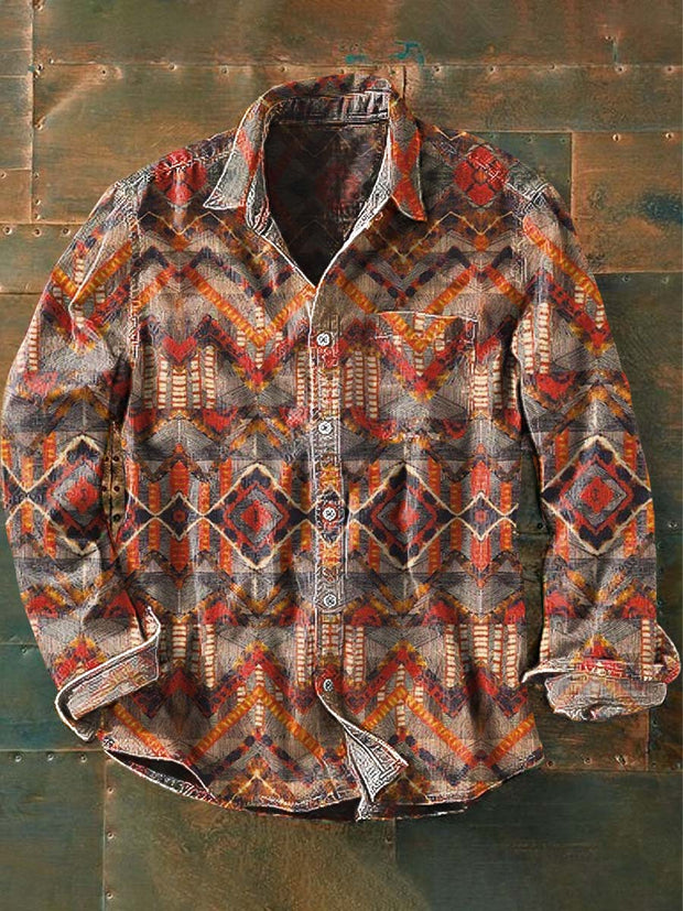 Men's Vintage Western Style Pattern Printed Casual Lapel Long Sleeve Shirt