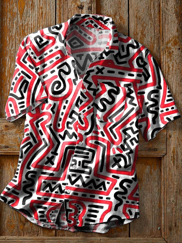 Men's Vintage Abstract Line Art Print Short Sleeve Pocket Shirt