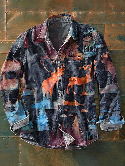 Men's Vintage Western Ranch Cattle Art Print Long Sleeve Pocket Shirt