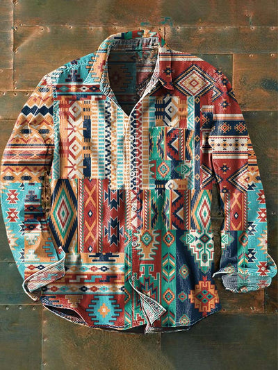 Men's Western Style Pattern Printed Casual Lapel Long Sleeve Shirt