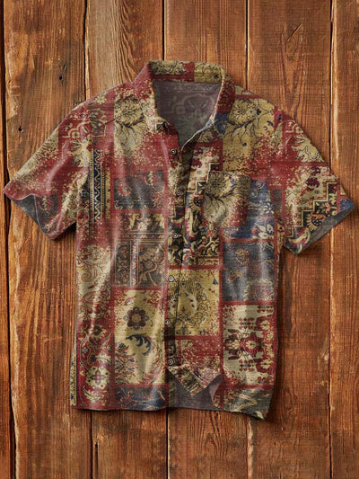 Men's Vintage Western Print Casual Lapel Short Sleeve Shirt