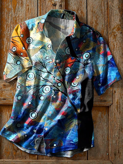 Men's Vintage Abstract Tree Under The Moon Art Print Short Sleeve Pocket Shirt