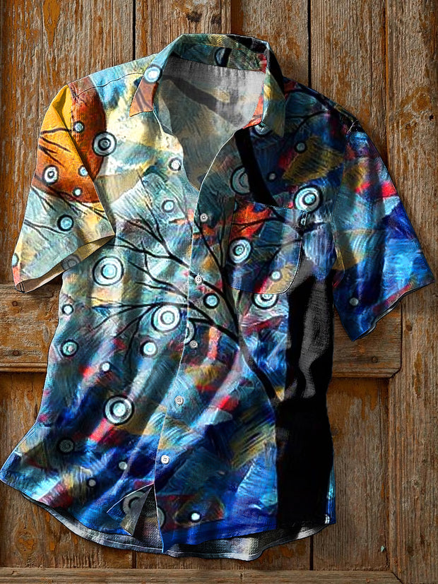 Men's Vintage Abstract Tree Under The Moon Art Print Short Sleeve Pocket Shirt